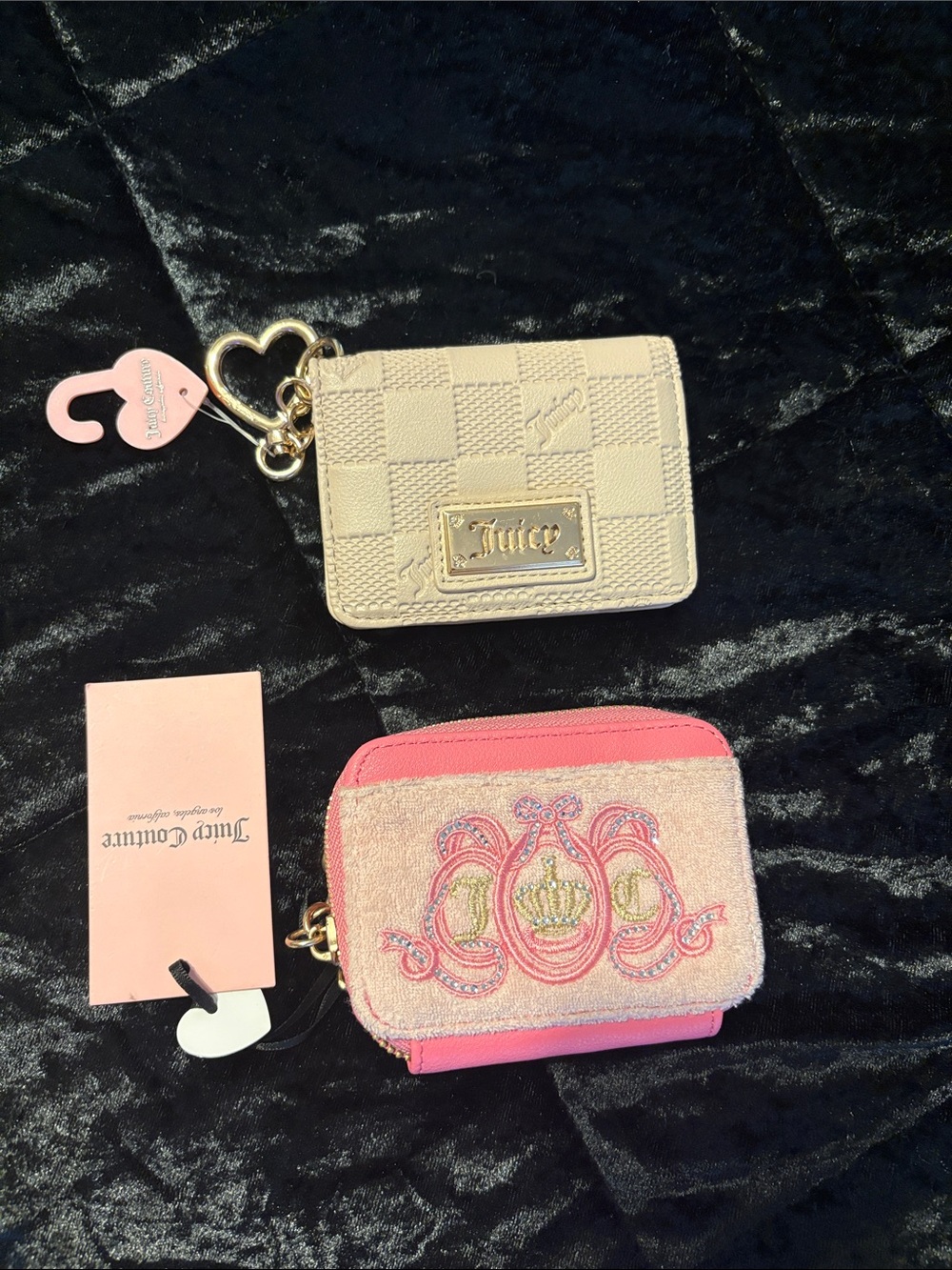 2 Juicy Couture Cream Card Holder and Pink Embroidered Coin Purse Keychain Set